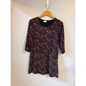 Mata Traders Dress Womens Sm Navy Pink Mountain Ski Print 3/4 Sleeve Pockets